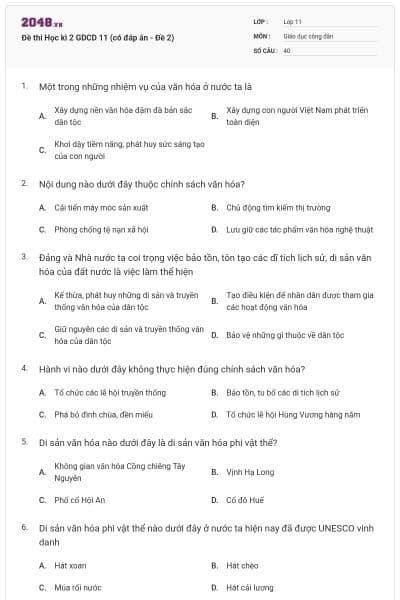 Đề thi Học kì 2 GDCD 11 (có đáp án - Đề 2)