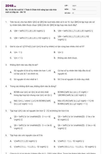 Bộ 10 đề thi cuối kì 1 Toán 6 Chân trời sáng tạo cấu trúc mới có đáp án - Đề 10