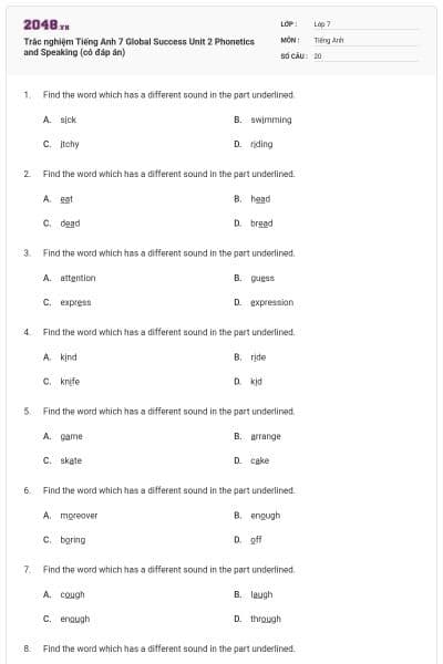 Trắc nghiệm Tiếng Anh 7 Global Success Unit 2 Phonetics and Speaking (có đáp án)