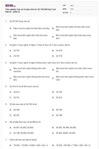 Trắc nghiệm Các số có năm chữ số. Số 100 000 lớp 3 (có đáp án - phần 2)