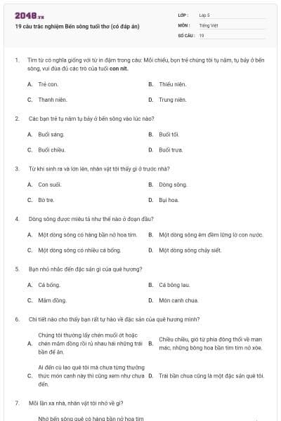 19 câu trắc nghiệm Bến sông tuổi thơ (có đáp án)