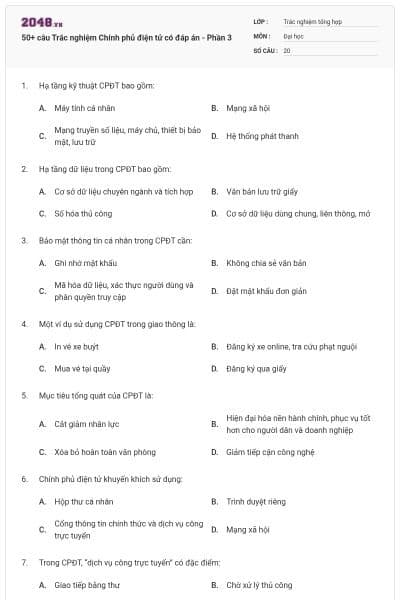 50+ câu Trắc nghiệm Chính phủ điện tử có đáp án - Phần 3