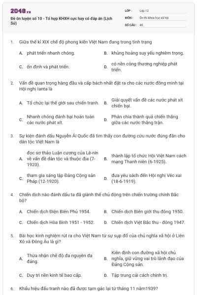 Đề ôn luyện số 10 - Tổ hợp KHXH cực hay có đáp án (Lịch Sử)