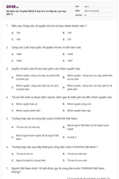 Đề kiểm tra 15 phút GDCD 6 Học kì 2 có đáp án, cực hay (Đề 1)