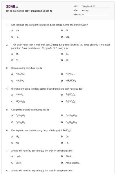 Ôn thi Tốt nghiệp THPT môn Hóa học (Đề 4)