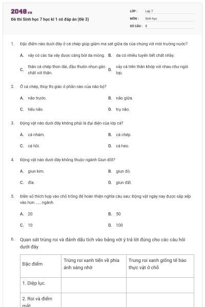 Đề thi Sinh học 7 học kì 1 có đáp án (Đề 3)