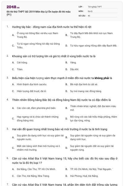 Đề thi thử THPT QG 2019  Môn Địa Lý  Ôn luyện đề thi mẫu (P1)