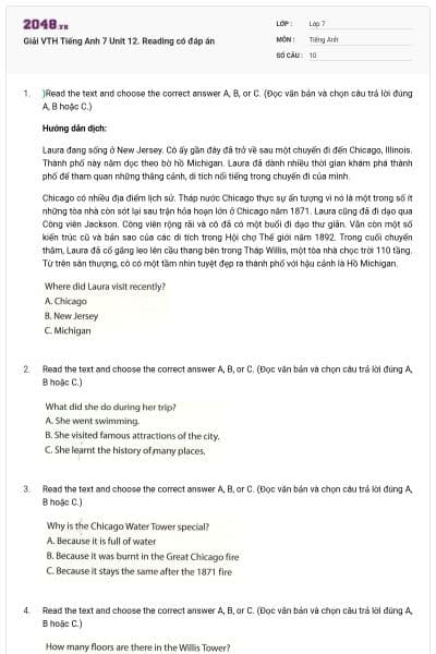 Giải VTH Tiếng Anh 7 Unit 12. Reading có đáp án