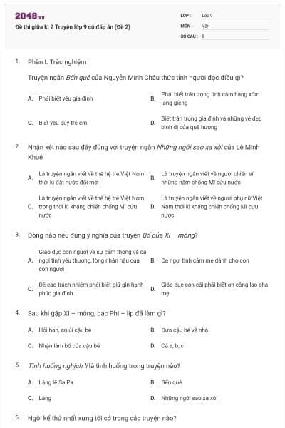 Đề thi giữa kì 2 Truyện lớp 9 có đáp án (Đề 2)