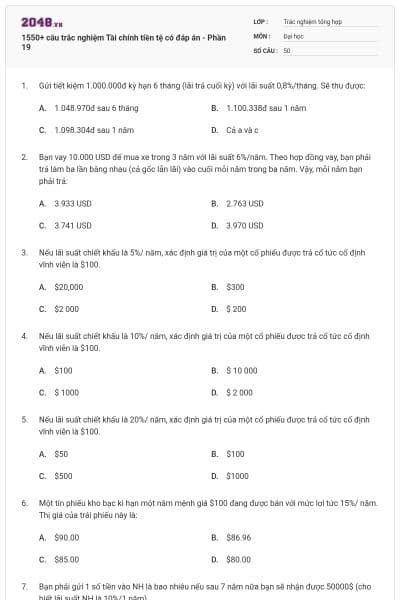1550+ câu trắc nghiệm Tài chính tiền tệ có đáp án - Phần 19