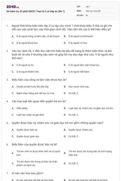 Đề kiểm tra 45 phút GDCD 7 Học kì 2 có đáp án (Đề 1)