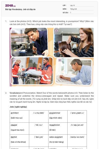 Bài tập Vocabulary. Job có đáp án