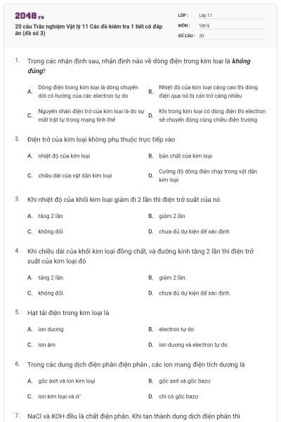 20 câu  Trắc nghiệm Vật lý 11 Các đề kiểm tra 1 tiết có đáp án (đề số 3)