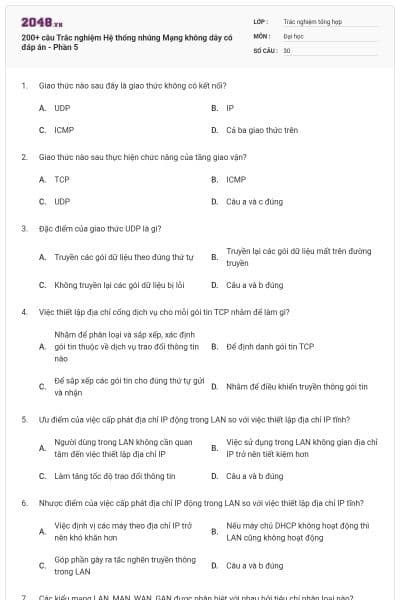 200+ câu Trắc nghiệm Hệ thống nhúng Mạng không dây có đáp án - Phần 5