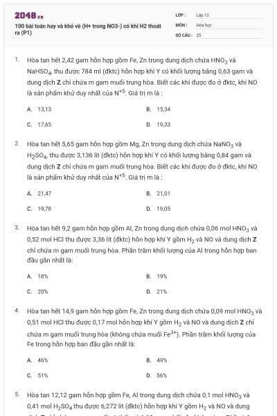 100 bài toán hay và khó về (H+ trong NO3-) có khí H2 thoát ra (P1)