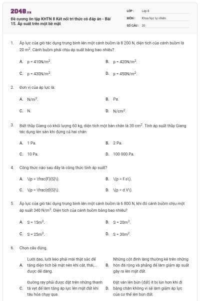Đề cương ôn tập KHTN 8 Kết nối tri thức có đáp án - Bài 15. Áp suất trên một bề mặt