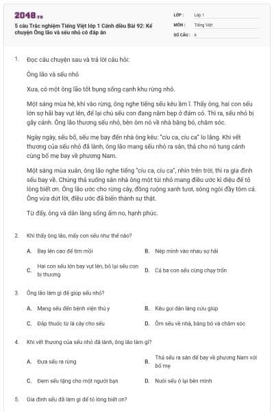 5 câu Trắc nghiệm Tiếng Việt lớp 1 Cánh diều Bài 92: Kể chuyện Ông lão và sếu nhỏ có đáp án