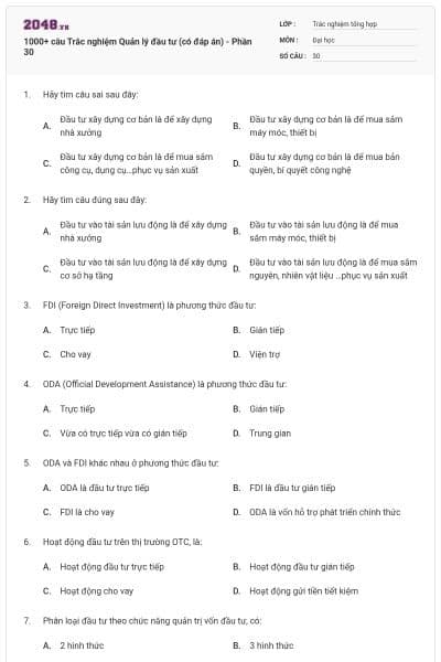 1000+ câu Trắc nghiệm Quản lý đầu tư (có đáp án) - Phần 30
