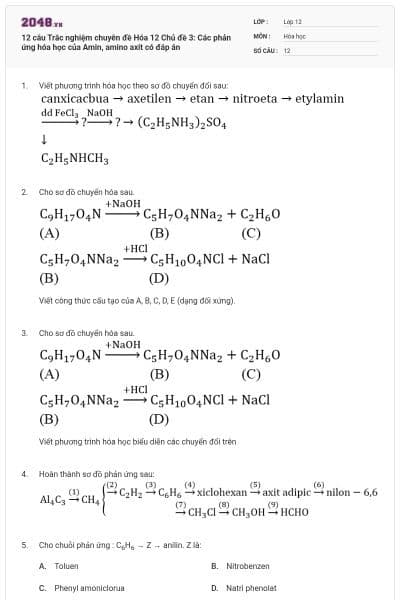 12 câu Trắc nghiệm chuyên đề Hóa 12 Chủ đề 3: Các phản ứng hóa học của Amin, amino axit có đáp án