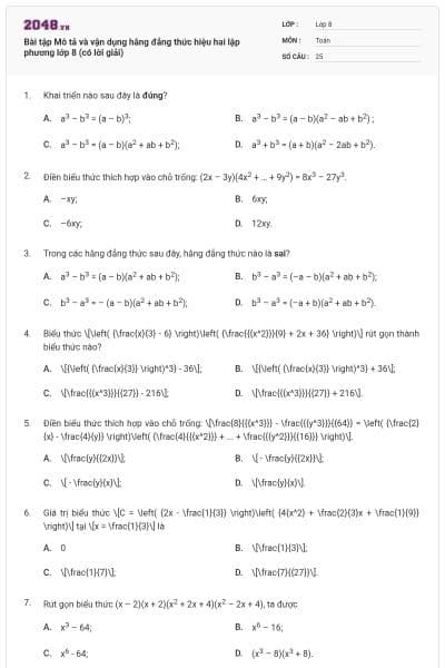 Bài tập Mô tả và vận dụng hằng đẳng thức hiệu hai lập phương lớp 8 (có lời giải)