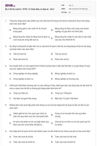 Bộ 3 đề thi cuối kì 1 KTPL 12 Cánh diều có đáp án - Đề 3