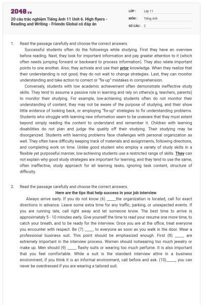 20 câu trắc nghiệm Tiếng Anh 11 Unit 6. High flyers - Reading and Writing - Friends Global có đáp án