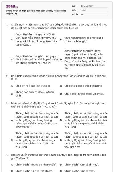 20 Đề luyện thi thpt quốc gia môn Lịch Sử Hay Nhất có đáp án (đề 20)