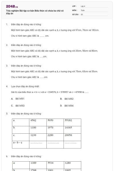 Trắc nghiệm Bài tập cơ bản Biểu thức có chứa ba chữ có đáp án