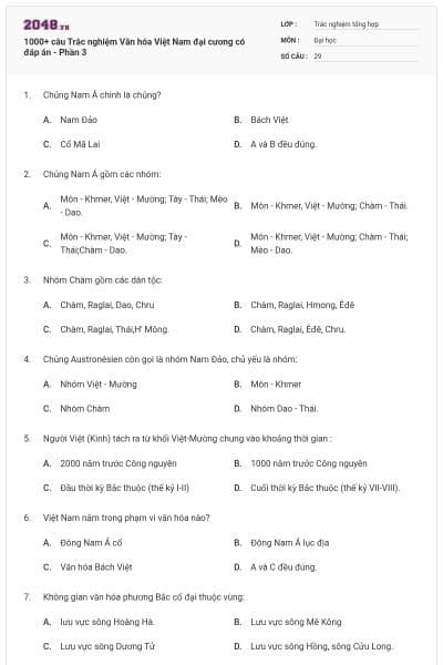 1000+ câu Trắc nghiệm Văn hóa Việt Nam đại cương có đáp án - Phần 3