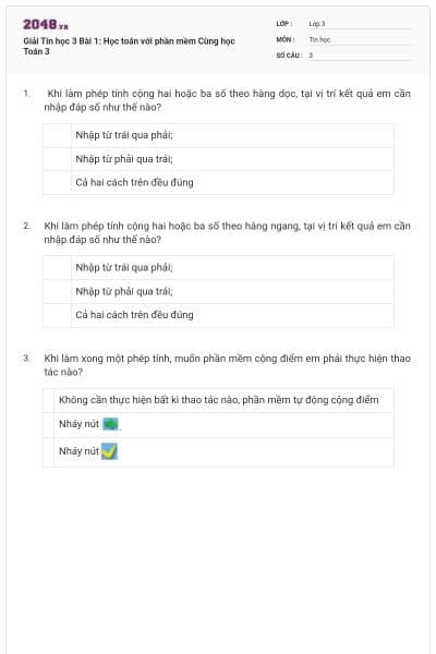 Giải Tin học 3 Bài 1: Học toán với phần mềm Cùng học Toán 3