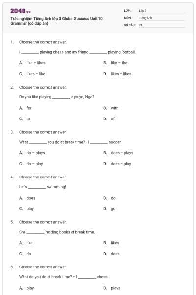 Trắc nghiệm Tiếng Anh lớp 3 Global Success Unit 10 Grammar (có đáp án)