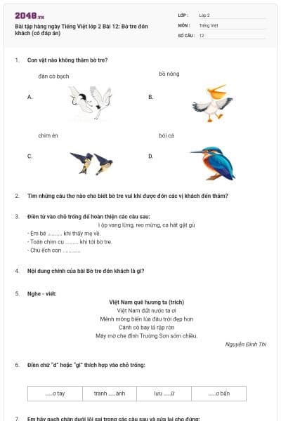 Bài tập hàng ngày Tiếng Việt lớp 2 Bài 12: Bờ tre đón khách (có đáp án)