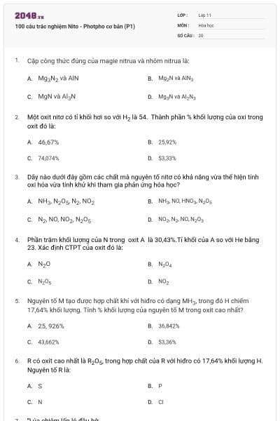 100 câu trắc nghiệm Nito - Photpho cơ bản (P1)