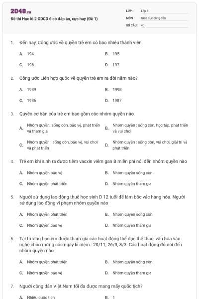 Đề thi Học kì 2 GDCD 6 có đáp án, cực hay (Đề 1)