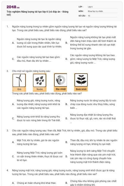 Trắc nghiệm Năng lượng tái tạo lớp 6 (có đáp án - Đúng sai)