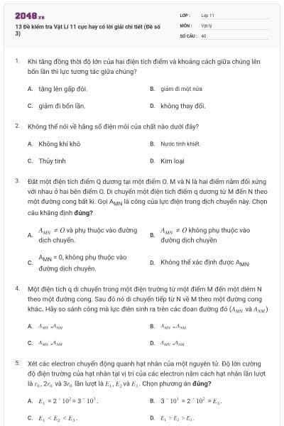 13 Đề kiểm tra Vật Lí 11 cực hay có lời giải chi tiết (Đề số 3)