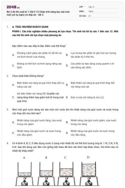 Bộ 3 đề thi cuối kì 1 Vật lí 12 Chân trời sáng tạo cấu trúc mới (có tự luận) có đáp án - Đề 3
