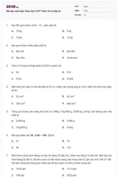Bài tập cuối tuần Toán lớp 5 CST Tuần 18 có đáp án