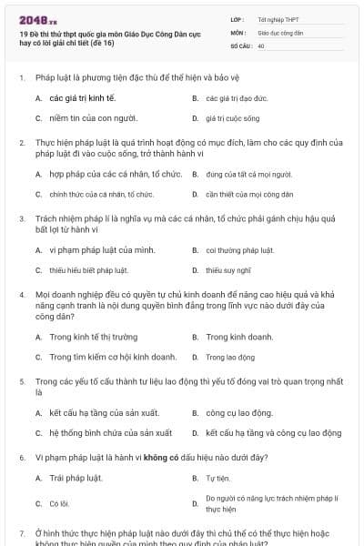 19 Đề thi thử thpt quốc gia môn Giáo Dục Công Dân cực hay có lời giải chi tiết (đề 16)