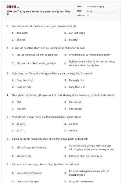 800+ câu Trắc nghiệm Vi sinh thực phẩm có đáp án - Phần 31