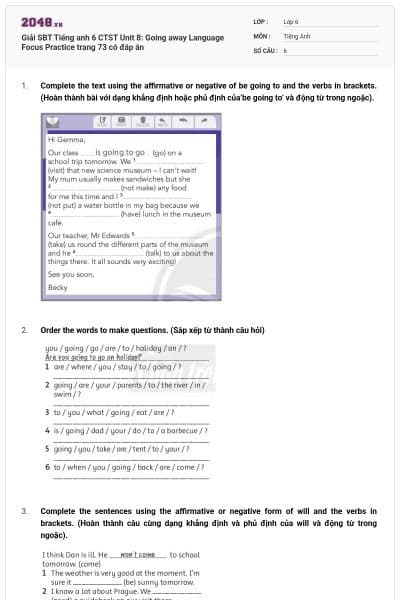 Giải SBT Tiếng anh 6 CTST Unit 8: Going away Language Focus Practice trang 73 có đáp án