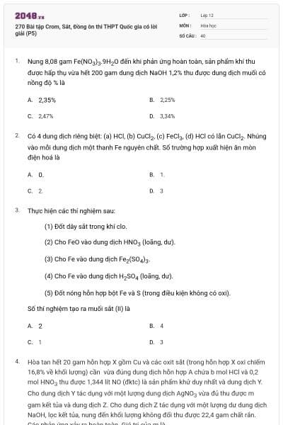 270 Bài tập Crom, Sắt, Đồng ôn thi THPT Quốc gia có lời giải (P5)