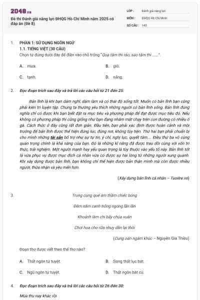 Đề thi Đánh giá năng lực ĐHQG Hồ Chí Minh năm 2025 có đáp án (Đề 8)