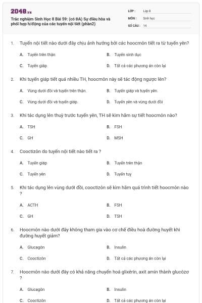 Trắc nghiệm Sinh Học 8 Bài 59: (có ĐA) Sự điều hòa và phối hợp h/động của các tuyến nội tiết (phần2)