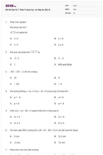 Đề thi Học kì 1 Toán 9 chọn lọc, có đáp án (Đề 4)