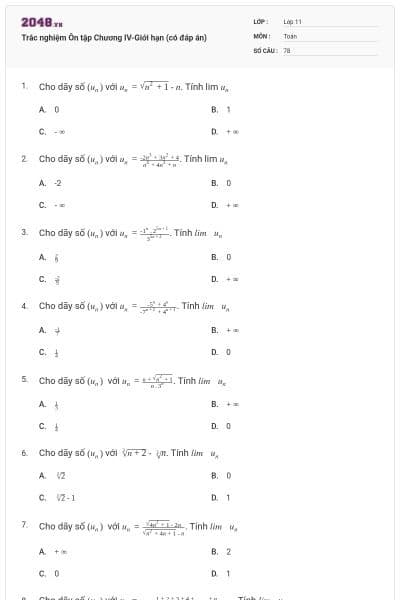 Trắc nghiệm Ôn tập Chương IV-Giới hạn (có đáp án)