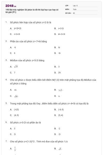 190 Bài trắc nghiệm Số phức từ đề thi đại học cực hay có lời giải (P1)