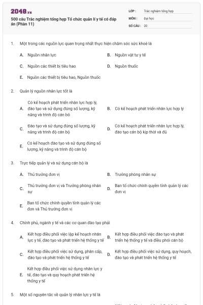 500 câu Trắc nghiệm tổng hợp Tổ chức quản lí y tế có đáp án (Phần 11)
