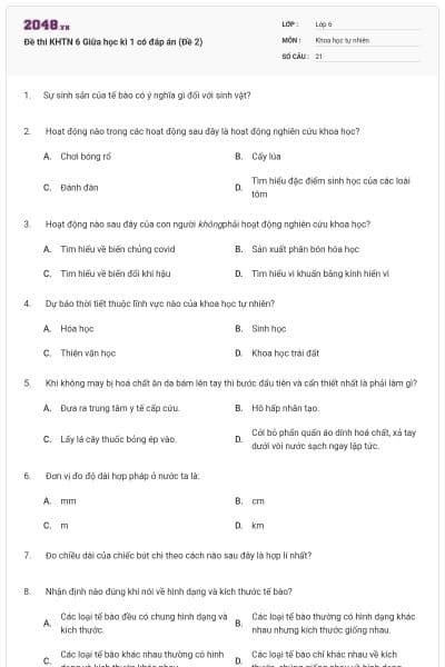 Đề thi KHTN 6 Giữa học kì 1 có đáp án (Đề 2)