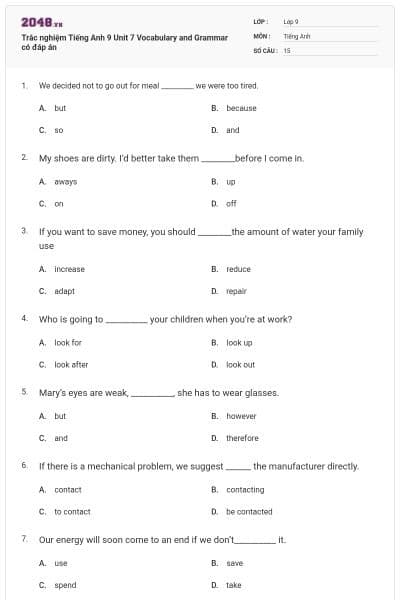 Trắc nghiệm Tiếng Anh 9 Unit 7 Vocabulary and Grammar có đáp án